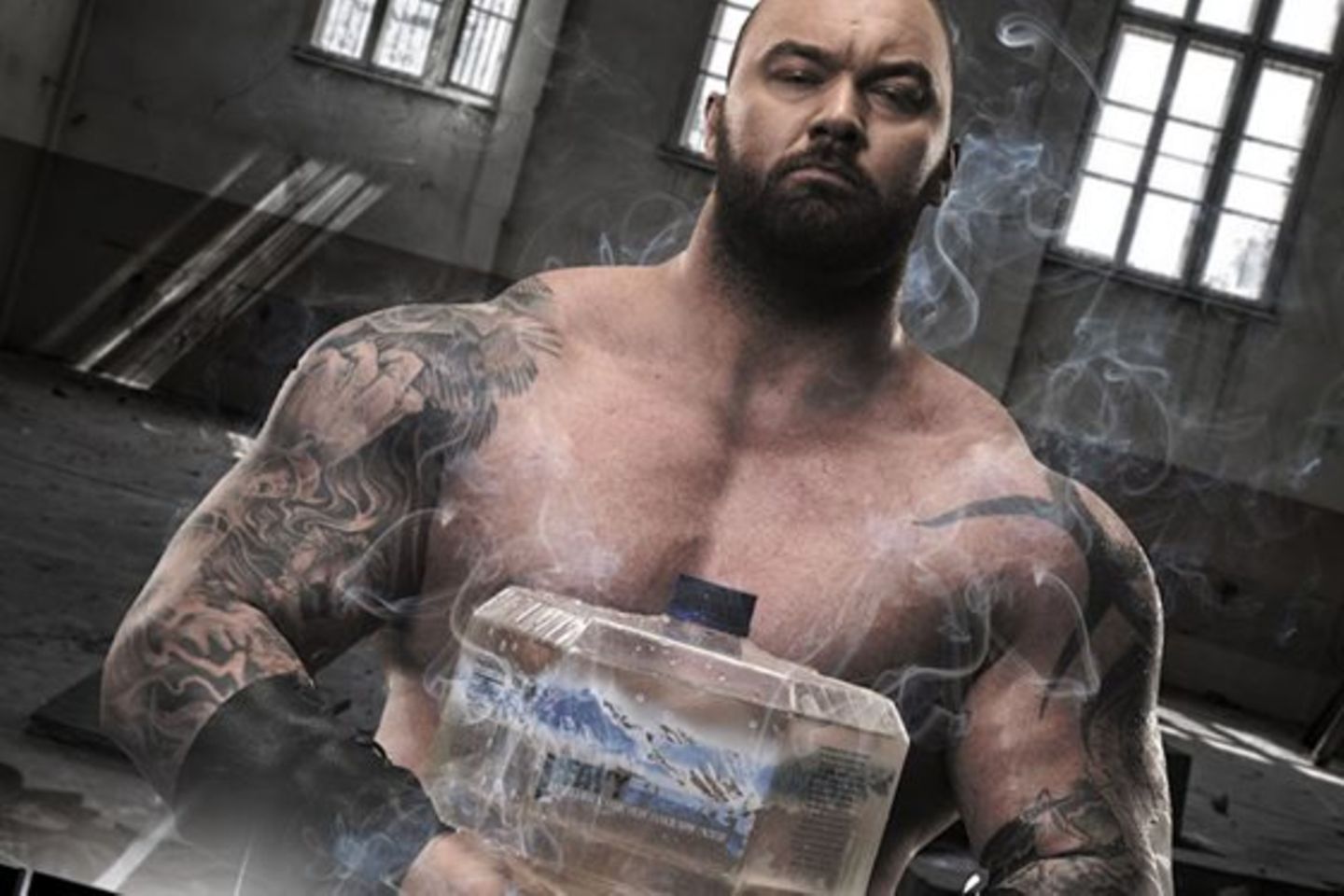 Hafþór Björnsson holds a dumbbell-shaped water bottle in SodaStream’s Heavy Bubbles campaign